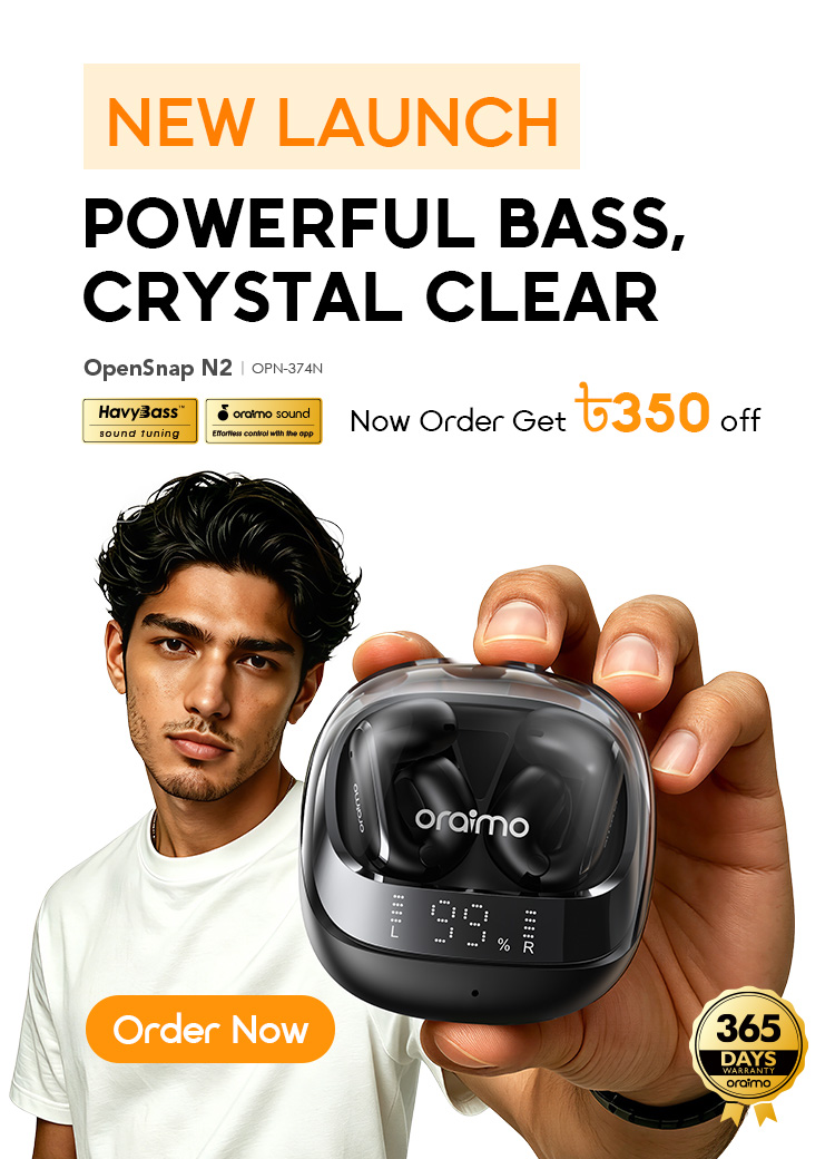 oraimo Bangladesh OpenSnap N2 Quick Charging Deep Bass Open-Ear True Wireless Earbuds