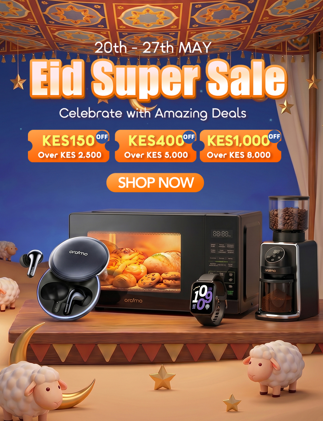 Eid super sale for home appliances and smart devices with tiered discount offers and festive Islamic elements.