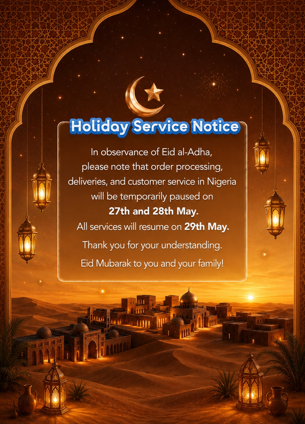 oarimo Eid al-Adha holiday service notice