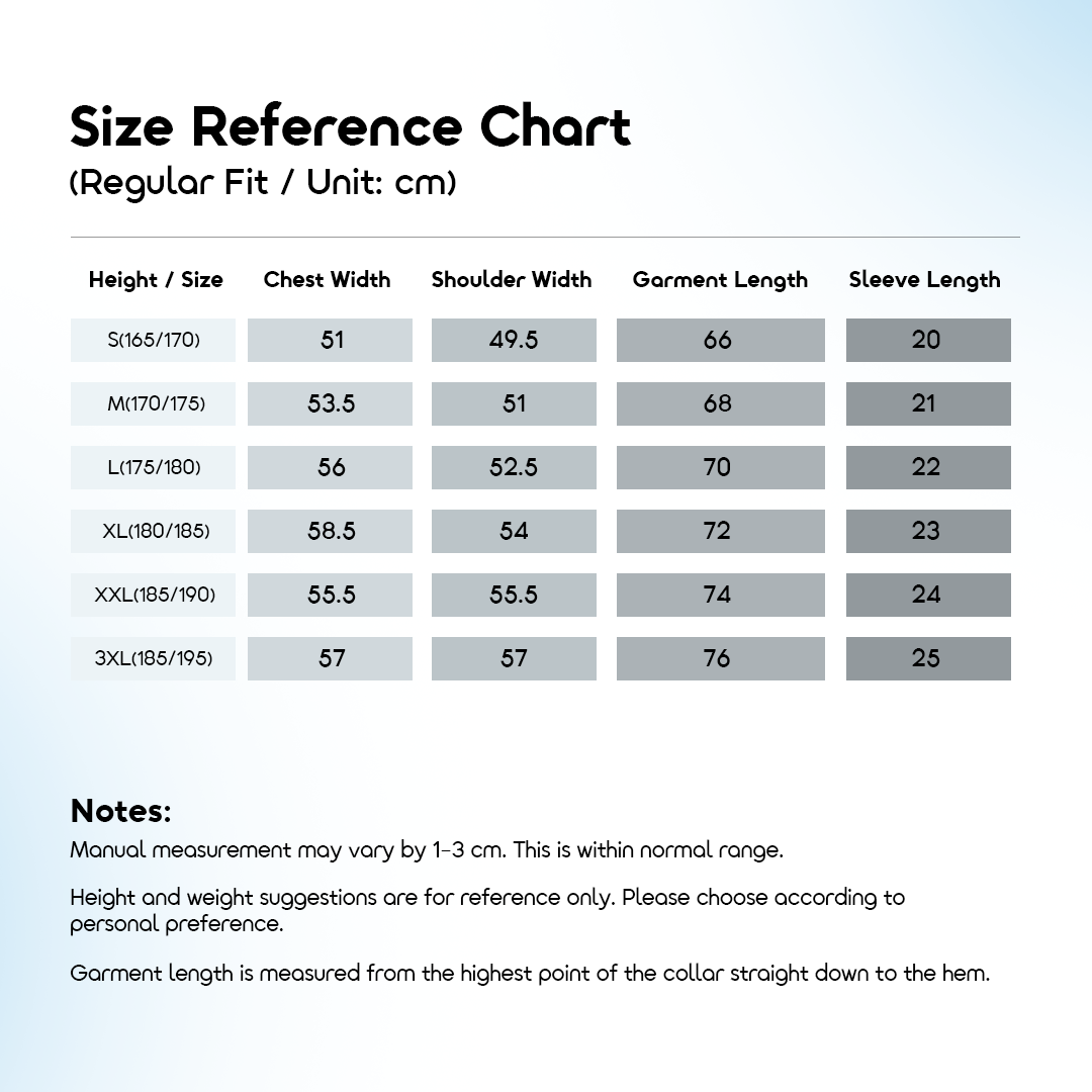 oraimo Polo Shirt EcoLuxe OHDP-001 7 Size Reference Chart oraimo Polo Shirt EcoLuxe OHDP-001 7 Size Reference Chart