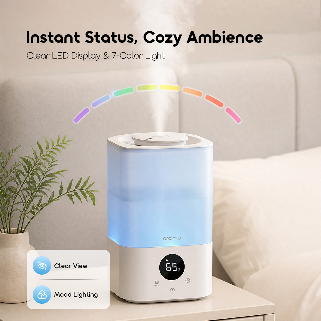 oraimo MistGlow humidifier OHM-201A LED display 7-color light instant status cozy ambience
