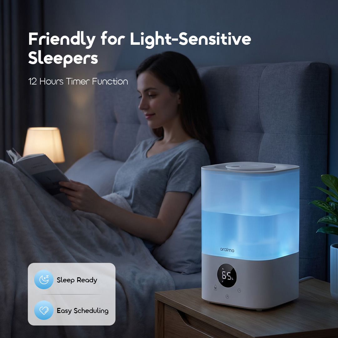 oraimo MistGlow humidifier OHM-201A 12H timer friendly for light sensitive sleepers