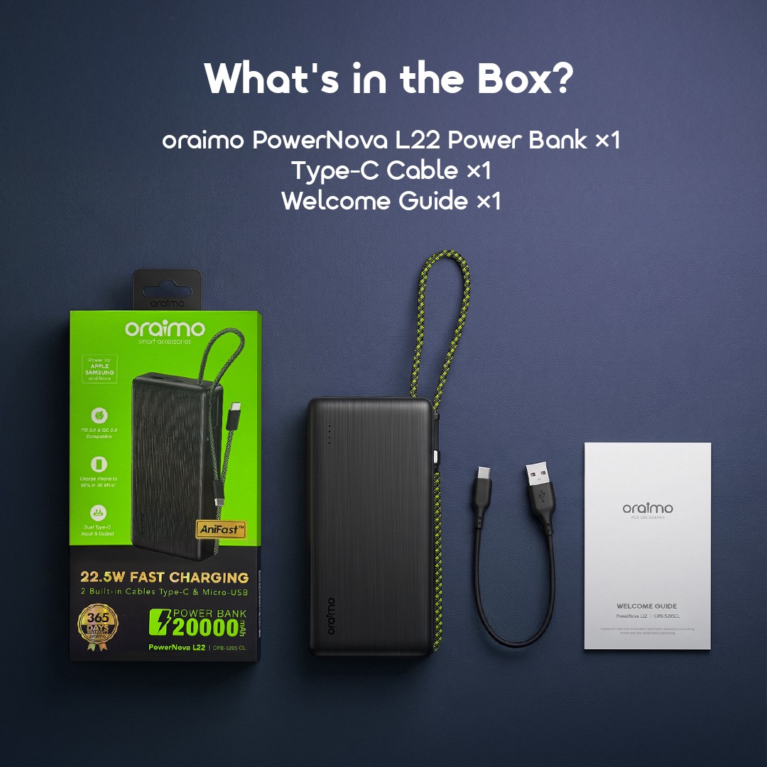 oraimo powerbank powernoval22 opb 5205cl graphiteblack 11 whats in the box
