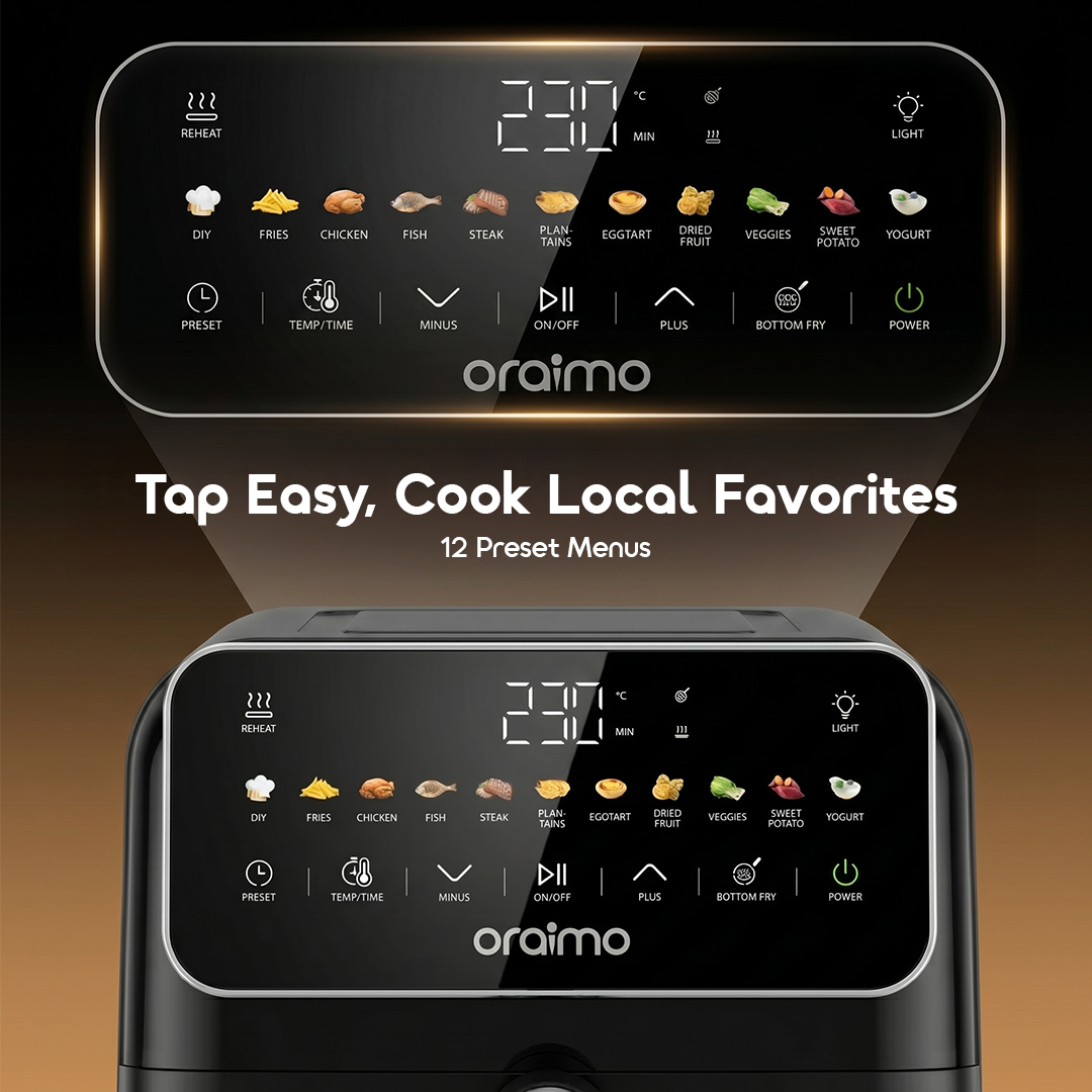 oraimo Air Fryer Intellifry OAF-502A-08 Tap Easy, Cook Local Favorites 12 Preset Menus oraimo Air Fryer Intellifry OAF-502A-08 Tap Easy, Cook Local Favorites 12 Preset Menus