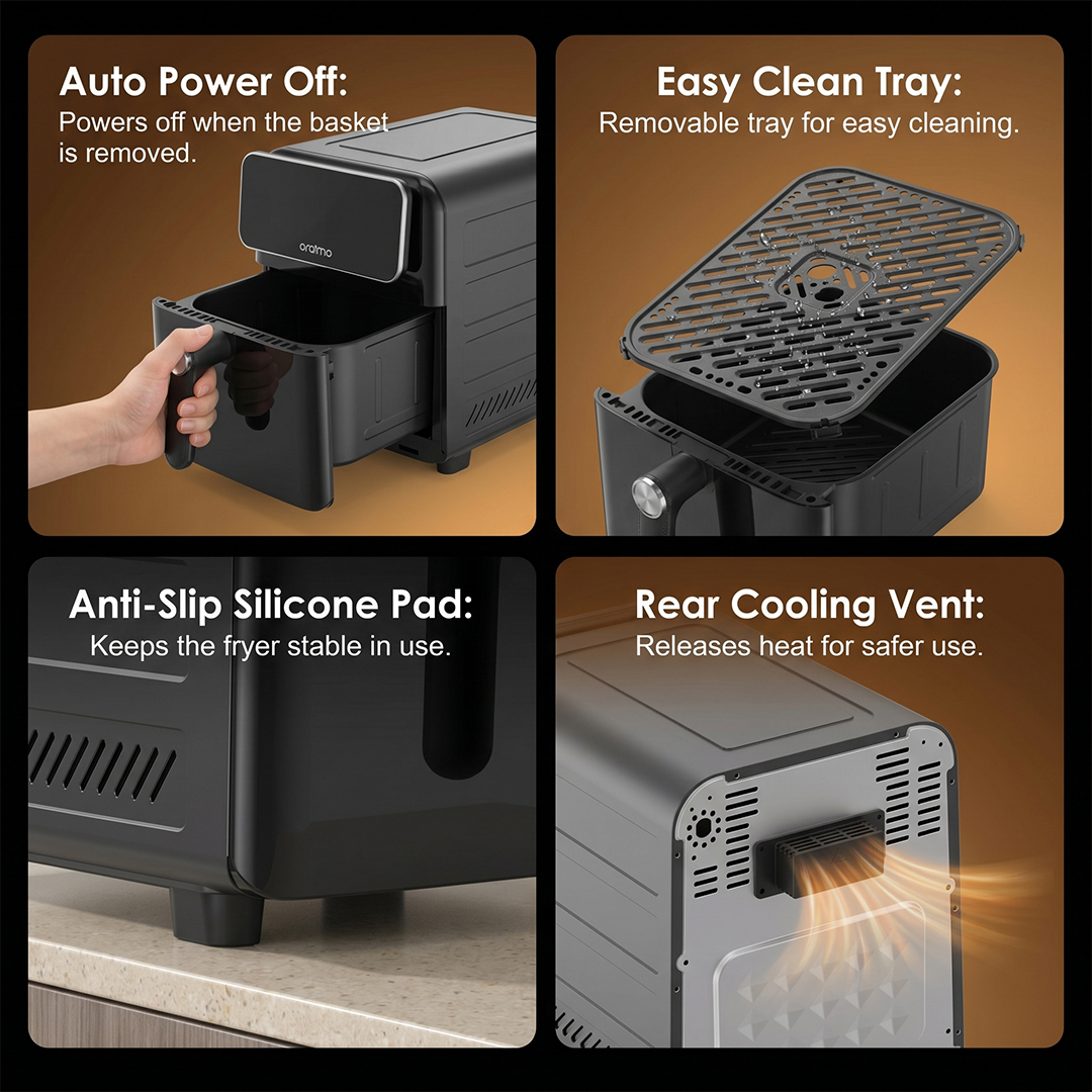 oraimo Air Fryer Intellifry OAF-502A-11 Safety Designs: Auto Power Off, Easy Clean Tray, Anti-Slip Silicone Pad, Rear Cooling Vent