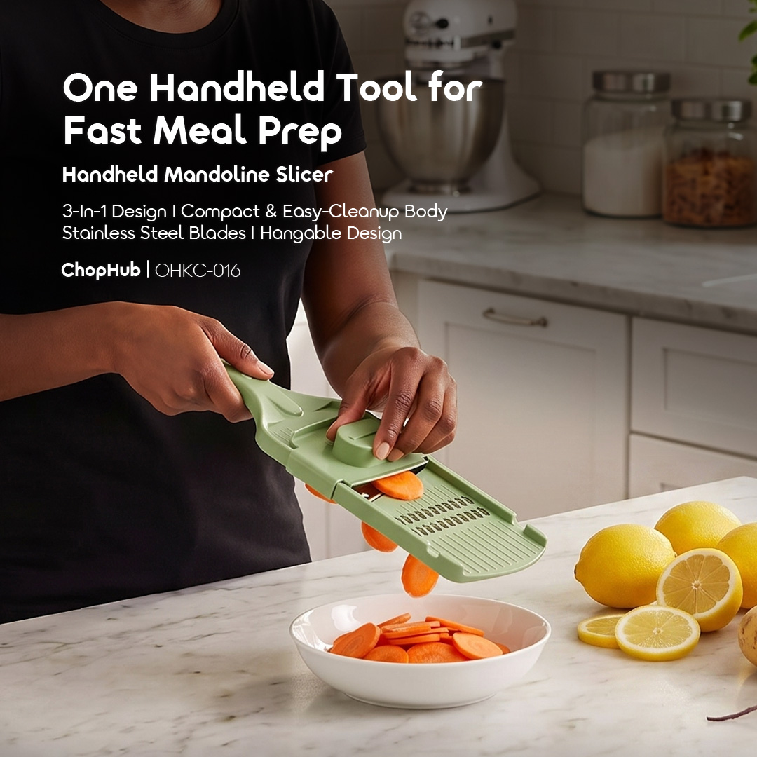 oraimo Handheld Mandoline Slicer ChopHub OHKC‑016 1 One Handheld Tool for Fast Meal Prep 3‑In‑1 Design Compact Easy‑Cleanup Body Stainless Steel Blades Hangable Design
