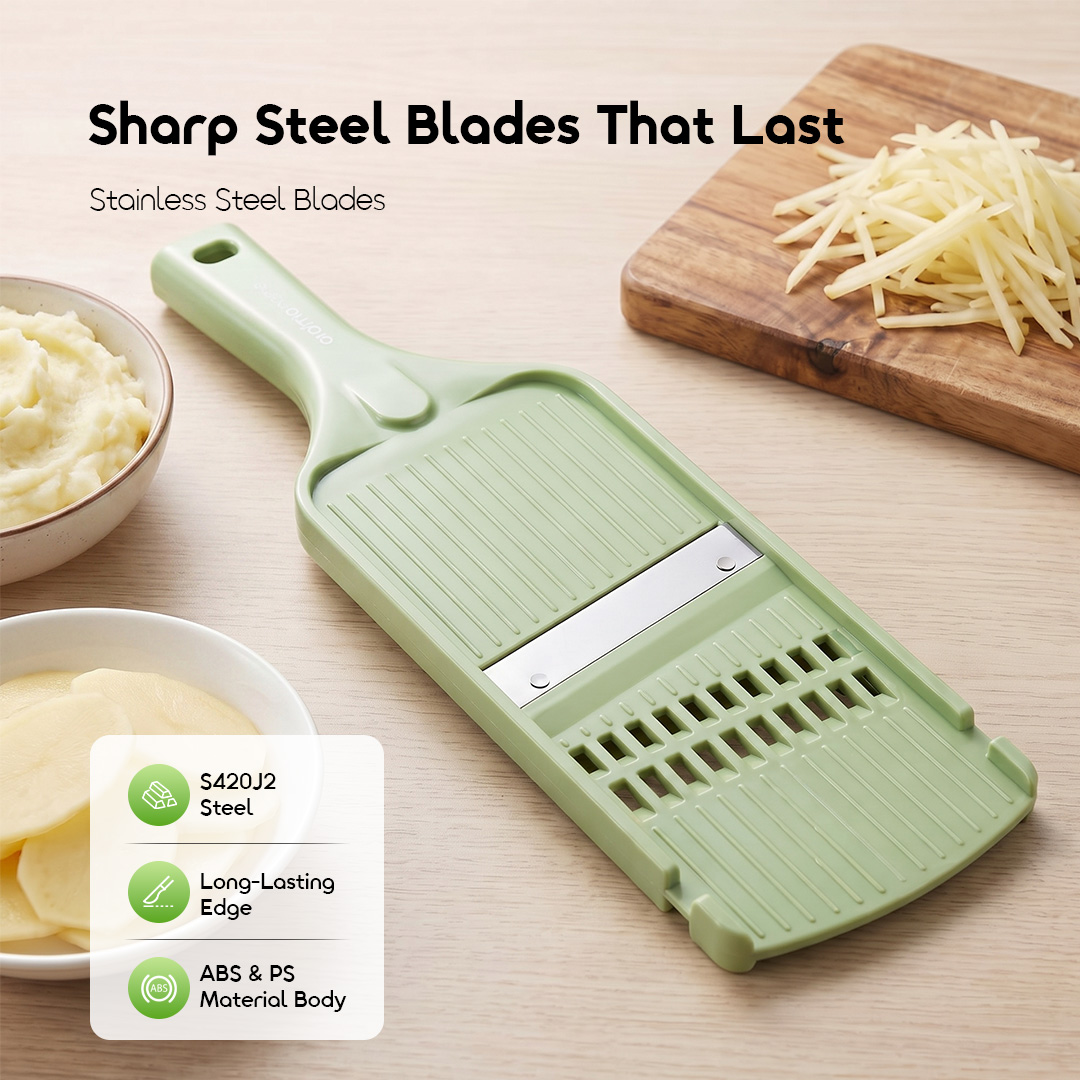 oraimo Handheld Mandoline Slicer ChopHub OHKC‑016 4 Sharp Steel Blades That Last S420J2 Steel Long‑Lasting Edge ABS & PS Material Body