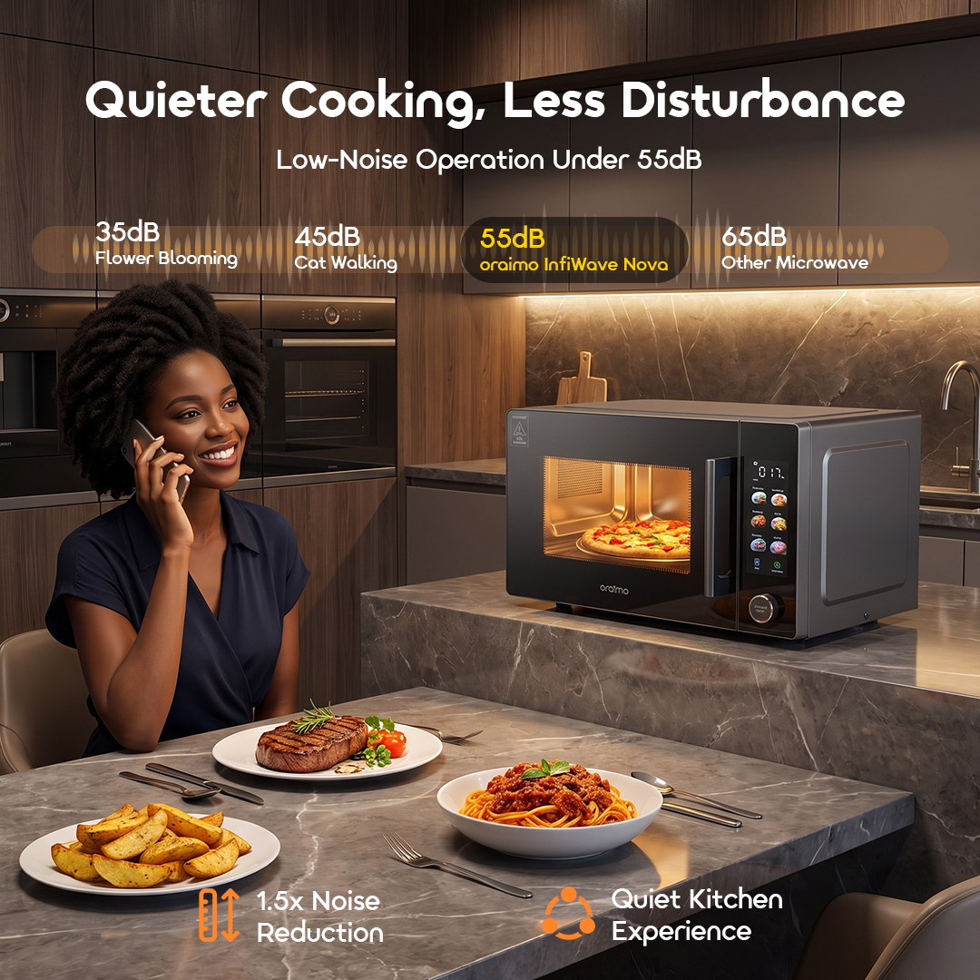 oraimo Microwave Air Fryer Oven InfiWave Nova OMO-821A 07 Low‑Noise Operation Under 55dB Quiet Cooking