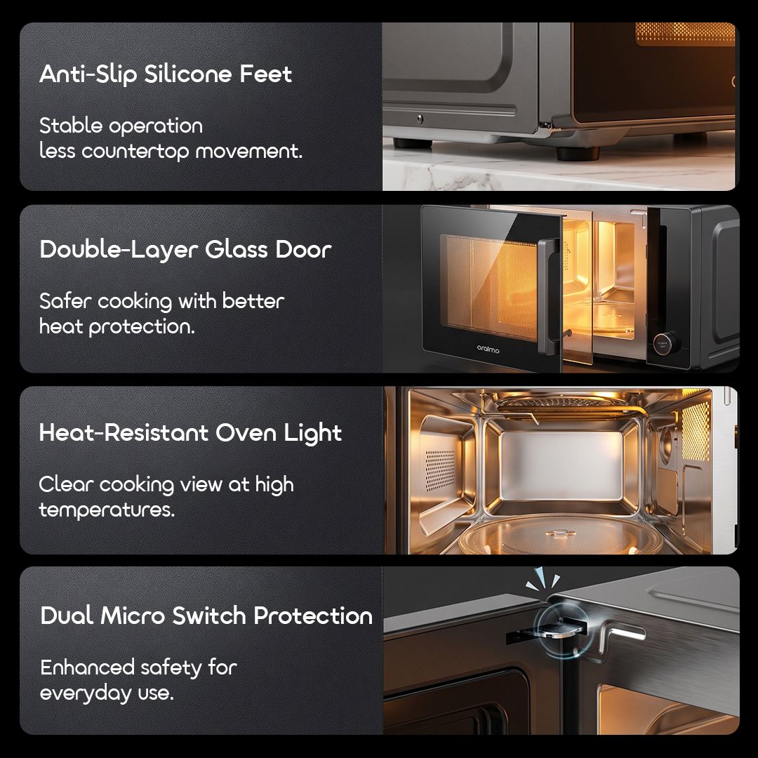 oraimo Microwave Air Fryer Oven InfiWave Nova OMO-821A 11 Multi Safety Features Anti‑Slip Feet Double‑Layer Glass Door