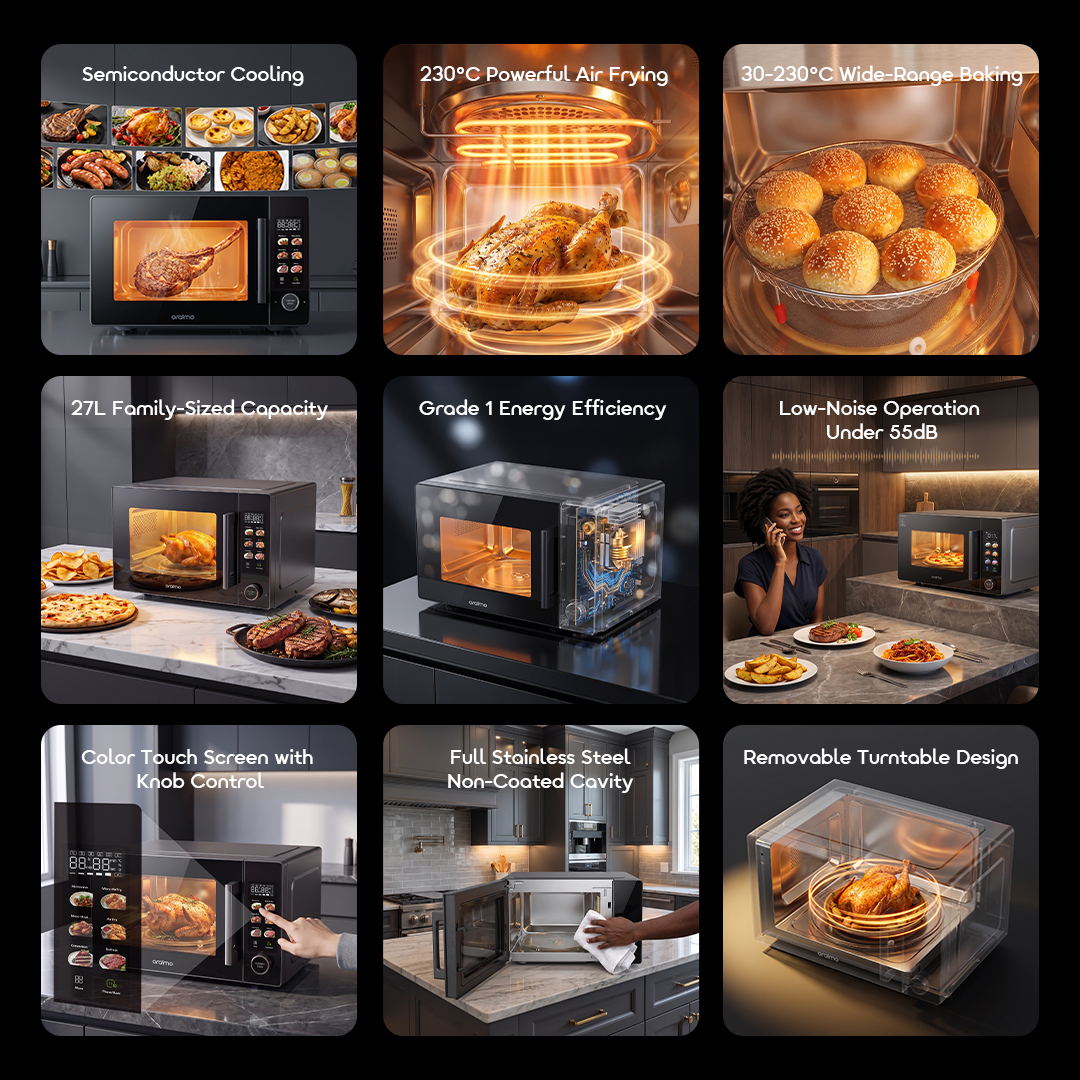 oraimo Microwave Air Fryer Oven InfiWave Nova OMO-821A 15 All Key Selling Points Collage Overview