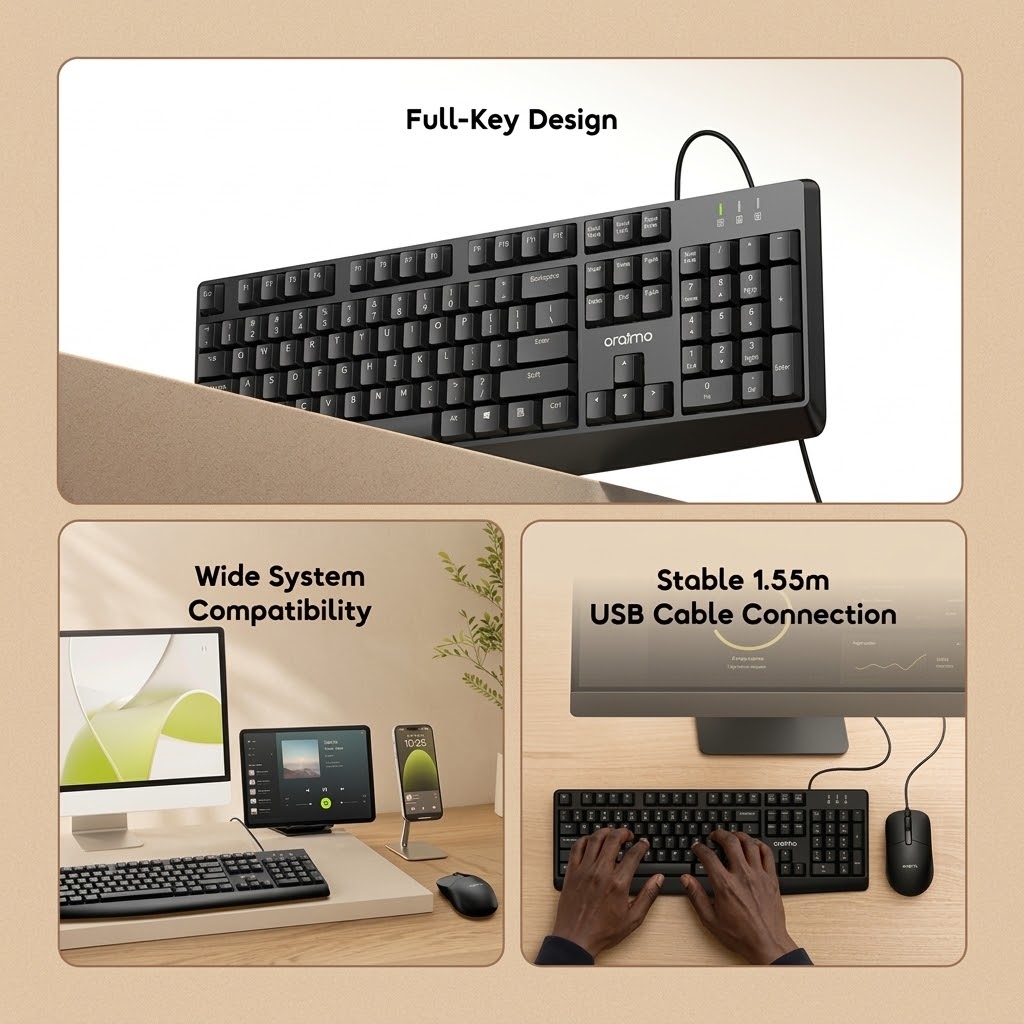 oraimo TypeEase Lite Wired Full- Key Design Keyboard Kit