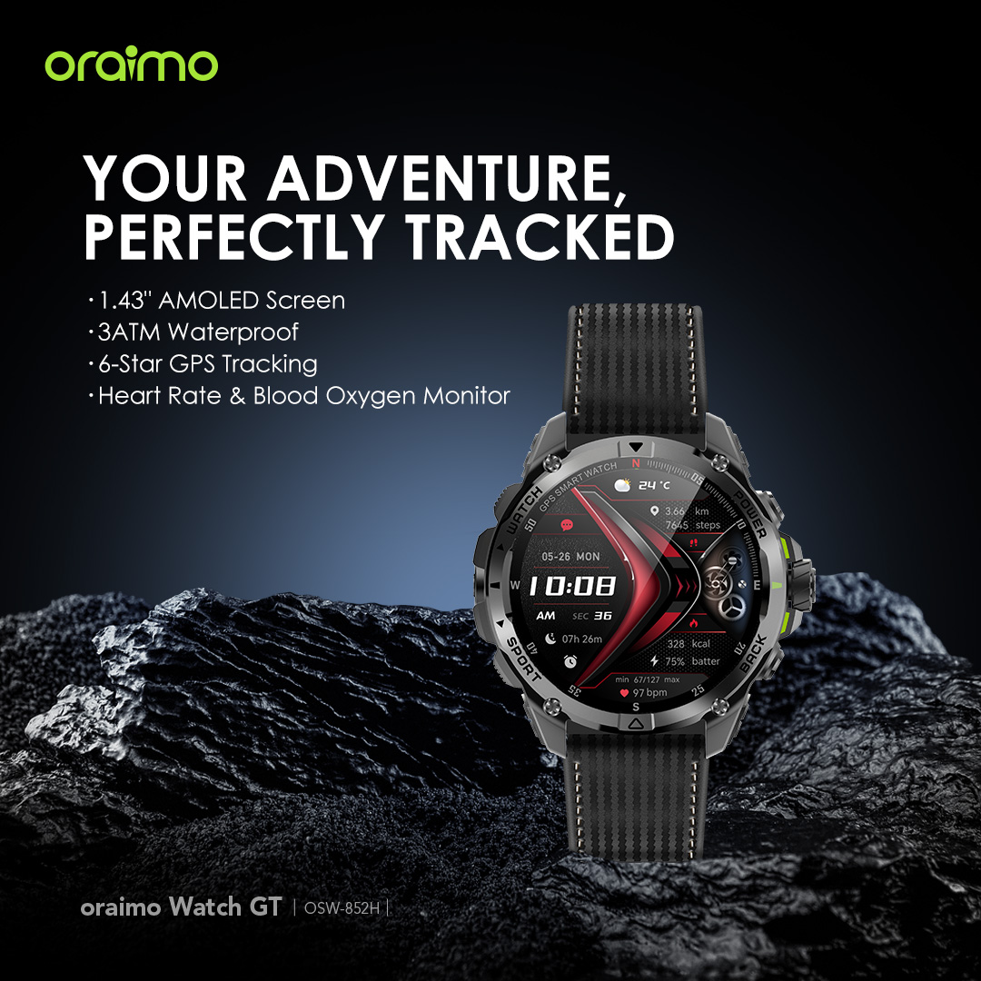 Produit oraimo Watch GT Montre connectée GPS AMOLED 3ATM 1,43" avec deux bracelets interchangeables