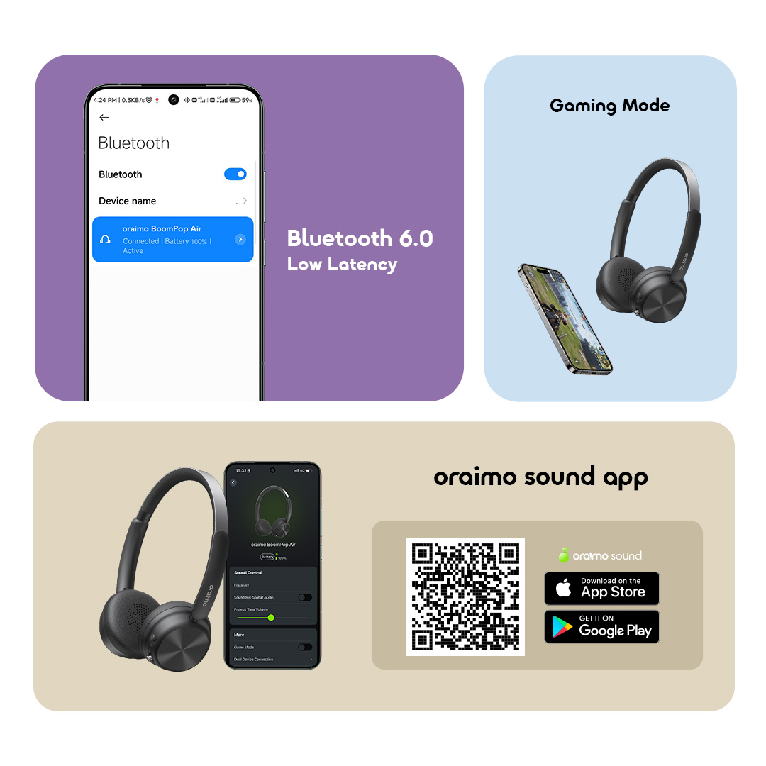 oraimo Headphone BoomPop Air OHP-316 10 Bluetooth 6.0 Low Latency Gaming Mode oraimo sound app