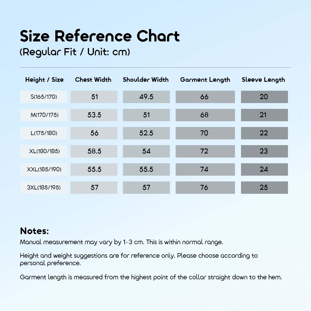 oraimo Polo Shirt CottonAir OHDP-002 07 Size Reference Chart