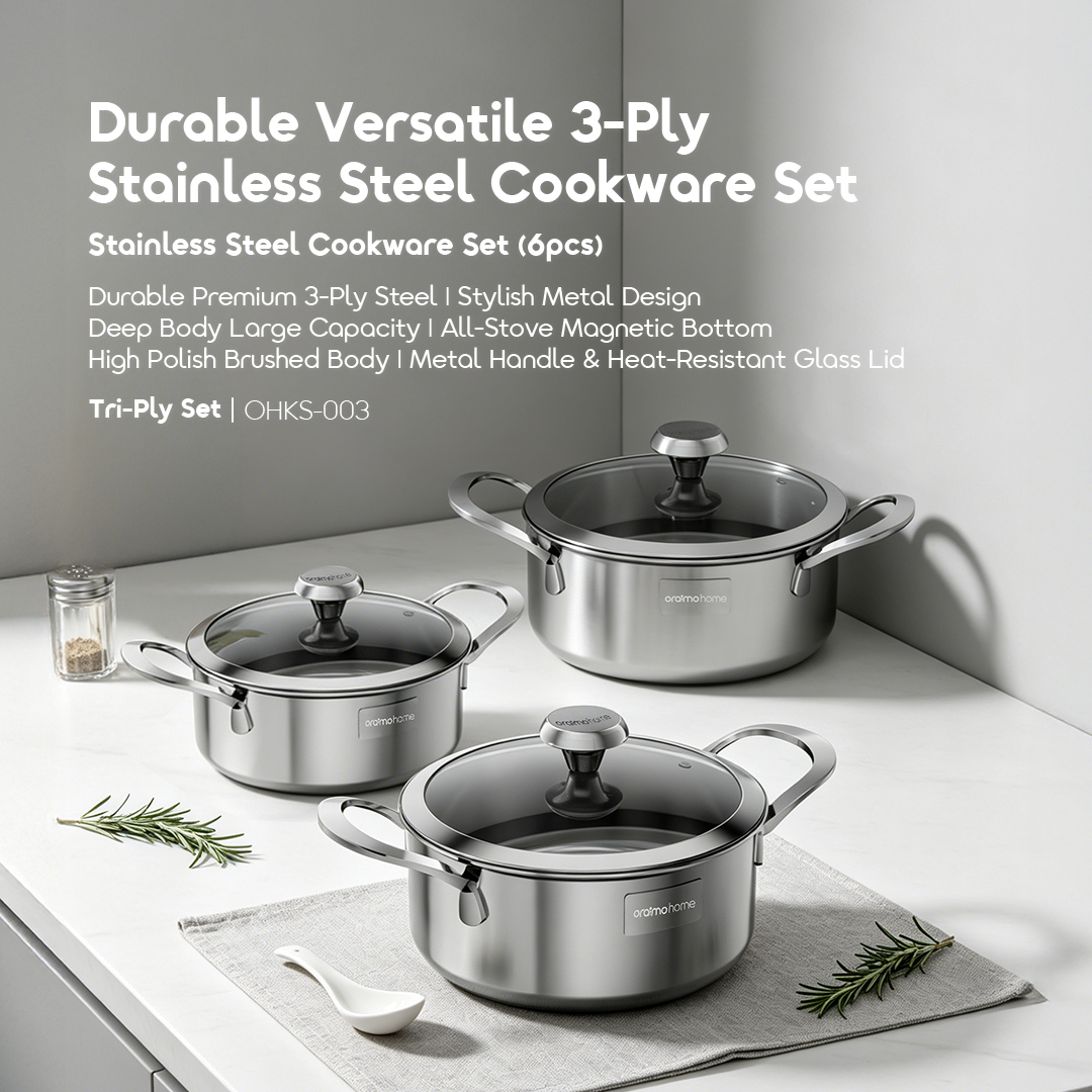 oraimo Stainless Steel Cookware Set Tri-Ply Set OHKS-003 01 Durable Versatile 3-Ply Stainless Steel Cookware Set