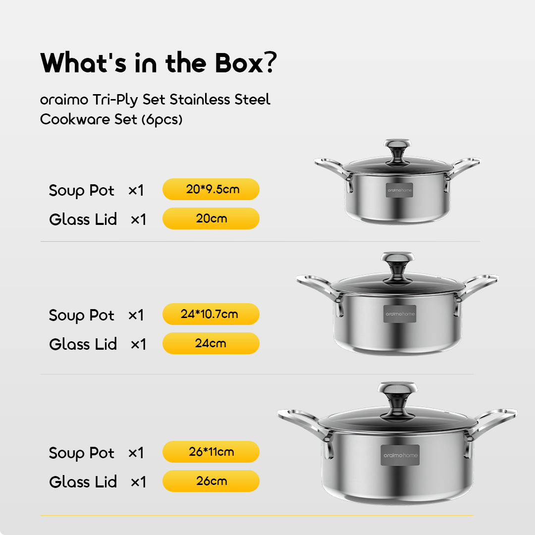 oraimo Stainless Steel Cookware Set Tri-Ply Set OHKS-003 08 Metal Handle & Heat-Resistant Glass Lid