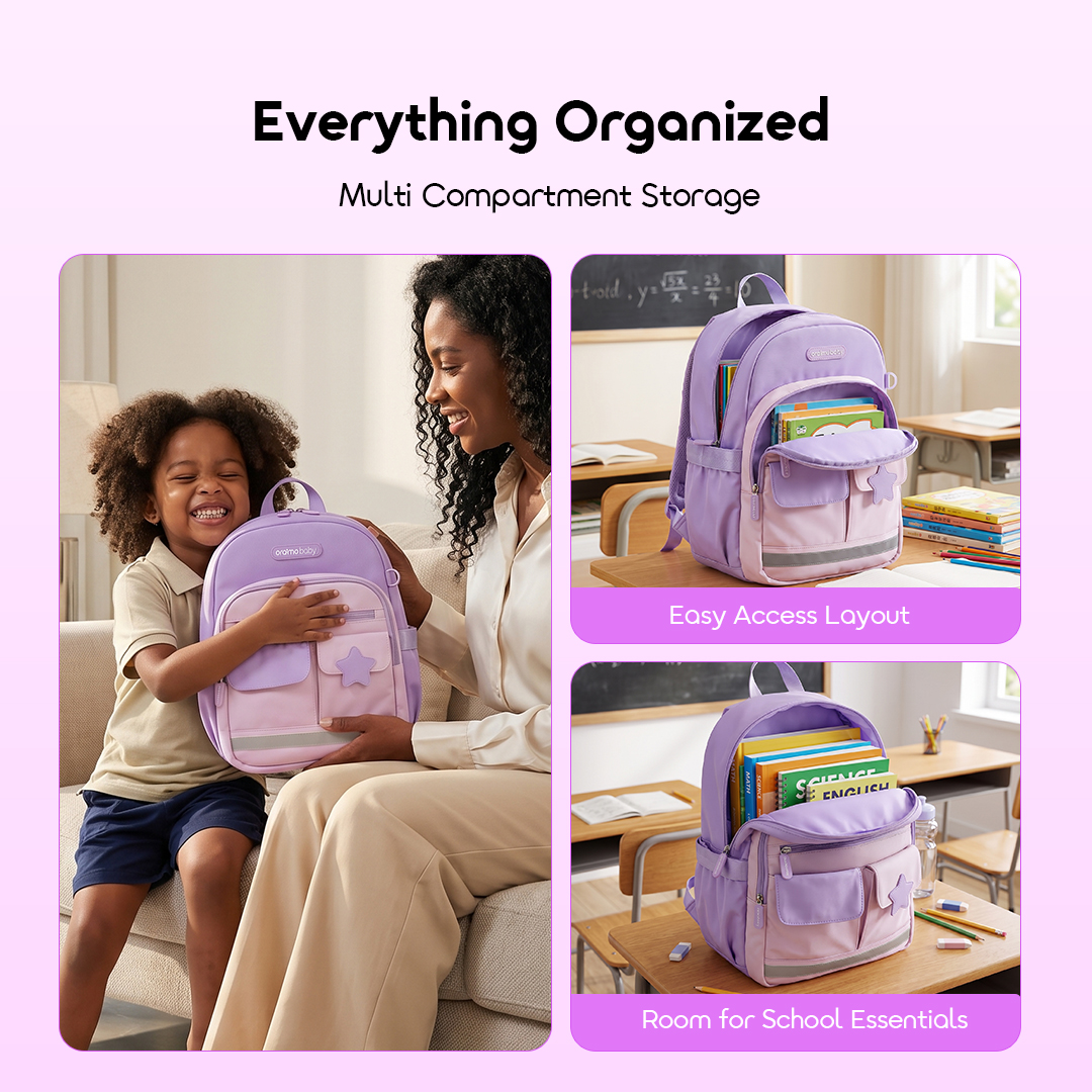 oraimo kids school backpack buddybag obc-544b-lightpurple 05 everything organized