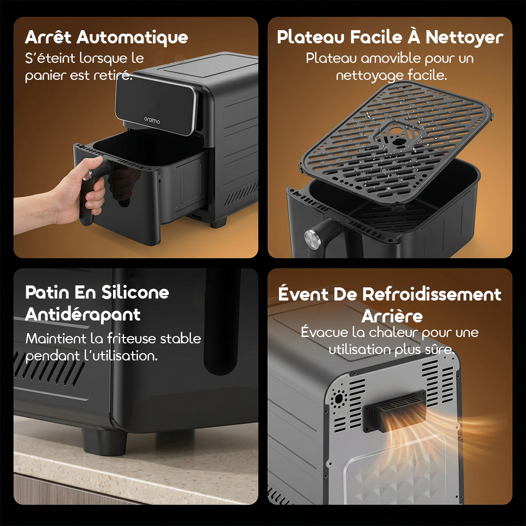 oraimo Air Fryer Intellifry OAF-502A-11 Safety Designs: Auto Power Off, Easy Clean Tray, Anti-Slip Silicone Pad, Rear Cooling Vent