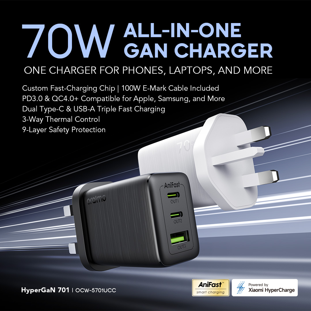 oraimo HyperGaN 701 70W GaN Fast Charger with 3 Ports