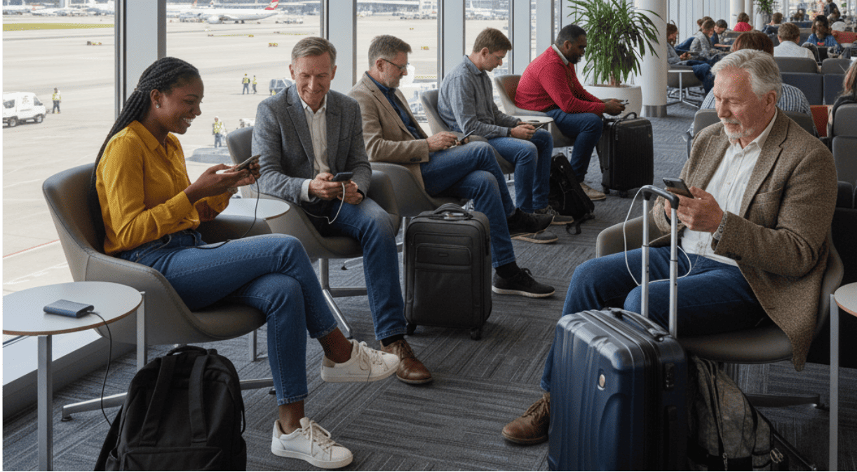 Passengers using portable chargers to charge their phones in the airport