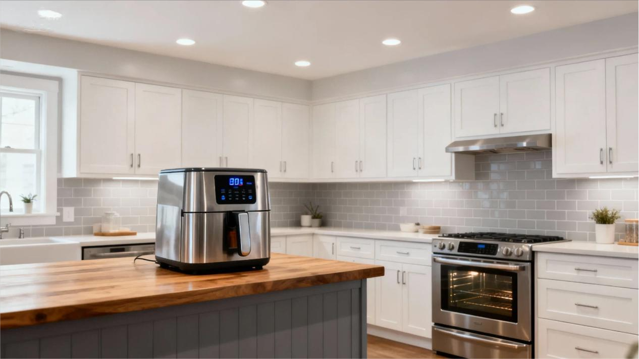 A modern kitchen with both an air fryer and an oven A modern kitchen with both an air fryer and an oven