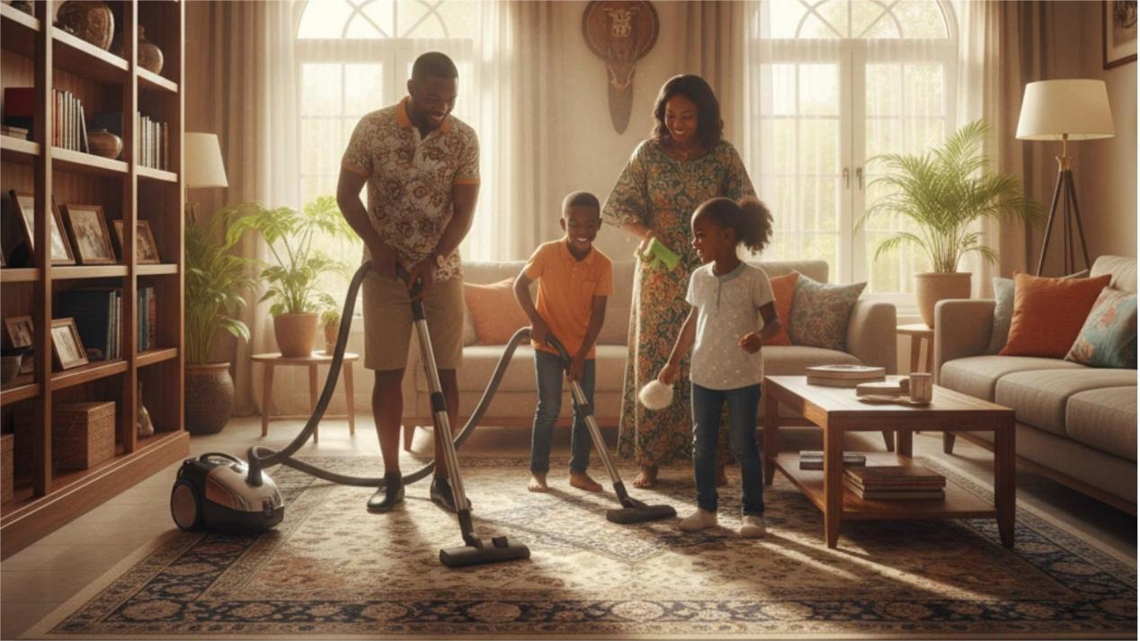 A Nigerian family is vacuuming their living room A Nigerian family is vacuuming their living room