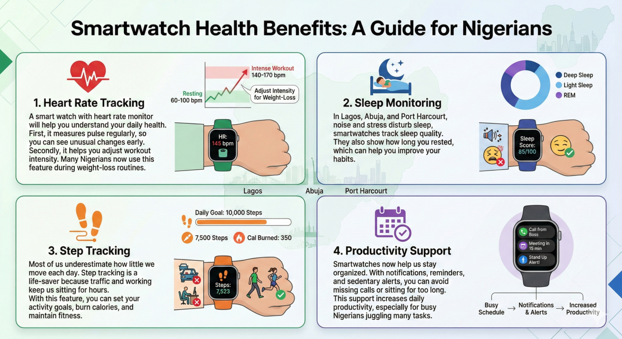 An infographic to show smartwatch health benefits An infographic to show smartwatch health benefits