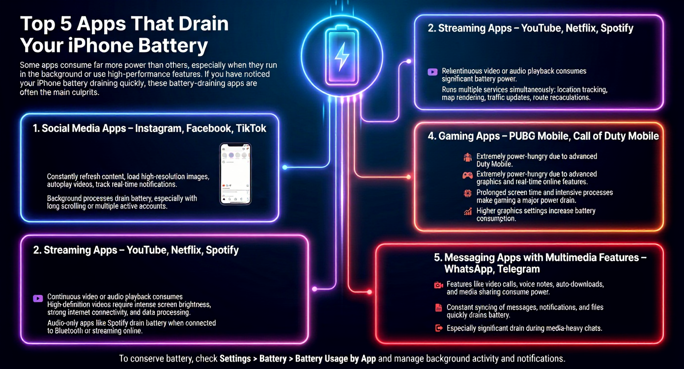 An infographich about top 5 Apps that drain your iPhone battery An infographich about top 5 Apps that drain your iPhone battery