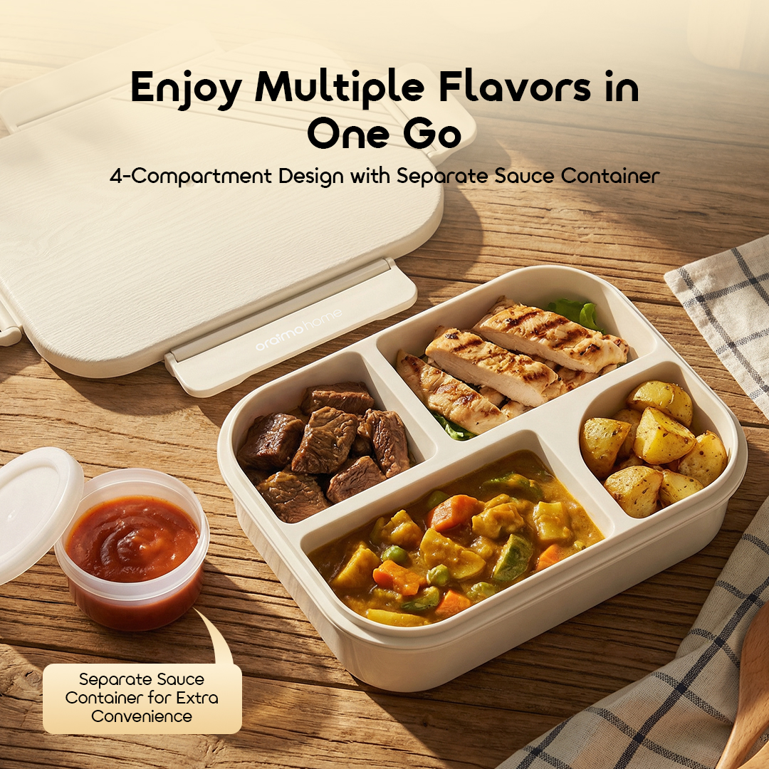 oraimo Bento Box FreshBento OHKB-003 4 4-Compartment Design with Separate Sauce Container