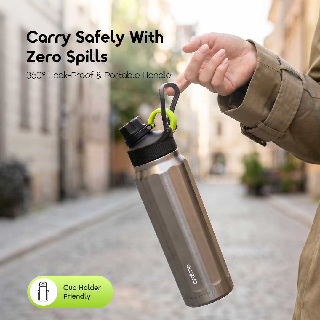 oraimo Insulated Water Bottle RetroGeo 730 OHDW-009 4 360° Leak-Proof & Portable Handle Carry Safely With Zero Spills Cup Holder Friendly
