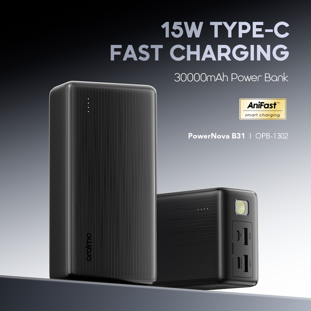 oraimo 30000mAh Power Bank PowerNova B31 OPB-1302 01 15W TYPE-C Fast Charging Main Product Showcase AniFast