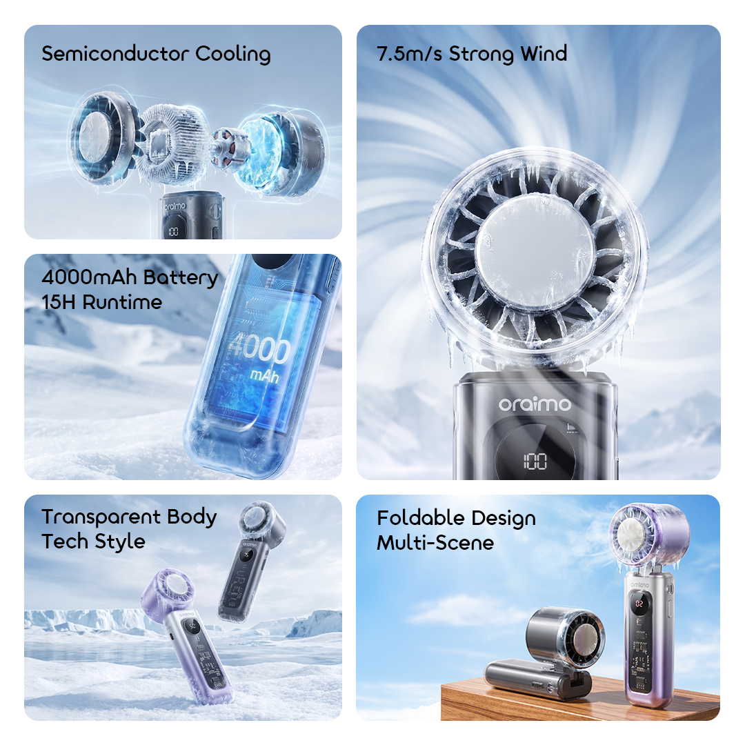 oraimo Handheld Fan TurboFan OHF-503A 02 All‑in‑one Feature Overview oraimo Handheld Fan TurboFan OHF-503A 02 All‑in‑one Feature Overview