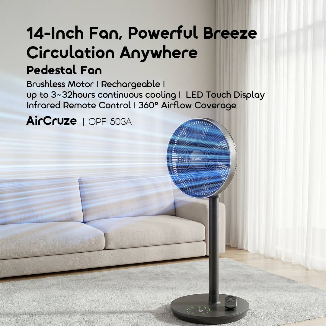 oraimo Pedestal Fan AirCruze OPF-503A 01 14-Inch Fan, Powerful Breeze Circulation Anywhere