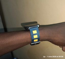 Smart Watch strap that comes in navy blue with yellow leather design