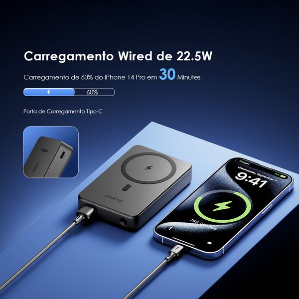 MagPower 15 Power Bank de 10000mAh com Carregamento Sem Fio e com Fio