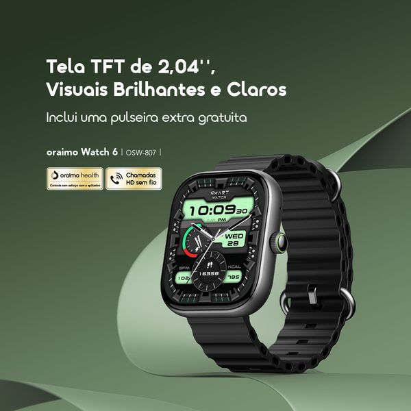 oraimo Watch 6 Relógio inteligente com monitor de ritmo cardíaco e oxigénio no sangue com ecrã TFT de 2,04"