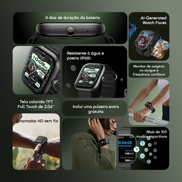 oraimo Watch 6 Relógio inteligente com monitor de ritmo cardíaco e oxigénio no sangue com ecrã TFT de 2,04"