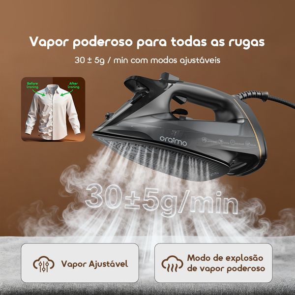 Steamcore Ferro de engomar elétrico de alta potência de 2500 W