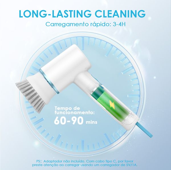 Ultra Cleaner Scrubber Escova Elétrica Giratória Sem Fio com 1,5h de Autonomia e 5 Cabeças de Substituição