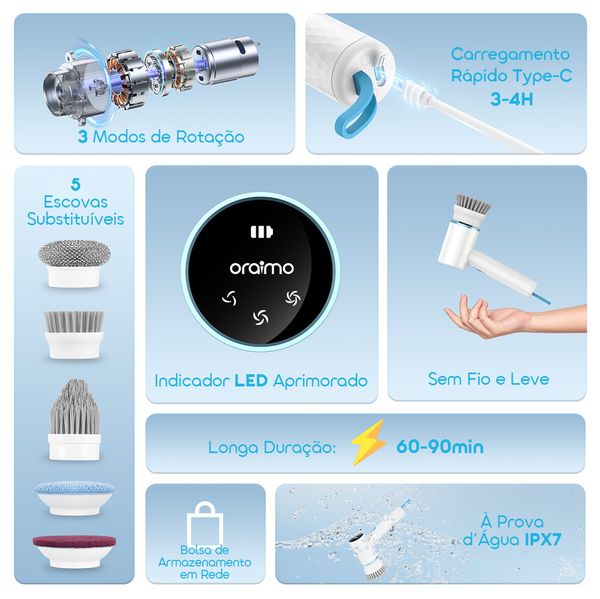 Ultra Cleaner Scrubber Escova Elétrica Giratória Sem Fio com 1,5h de Autonomia e 5 Cabeças de Substituição