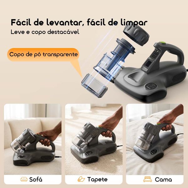 CozyClean Aspirador de Colchão com Sensor de Ácaros e Sucção de 12kPa