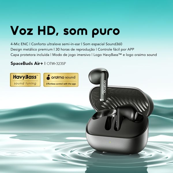 SpaceBuds Air+ Auscultadores sem fios verdadeiros com textura metálica e classificação IPX4.