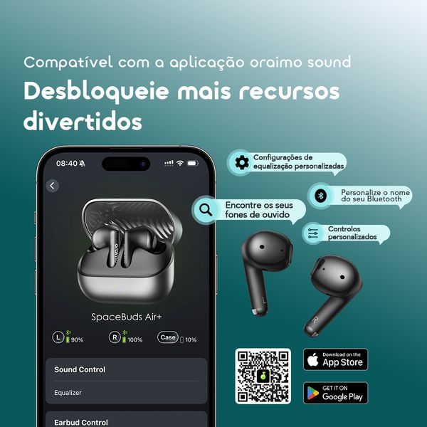 SpaceBuds Air+ Auscultadores sem fios verdadeiros com textura metálica e classificação IPX4.