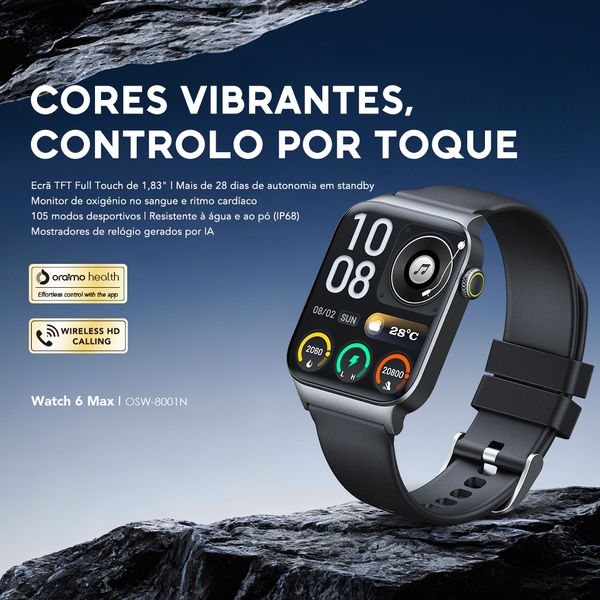 watch 6 max Relógio inteligente com ecrã tátil de 1,83 polegadas e bateria com duração de 28 dias
