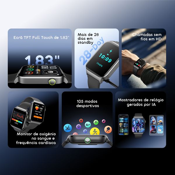 watch 6 max Relógio inteligente com ecrã tátil de 1,83 polegadas e bateria com duração de 28 dias