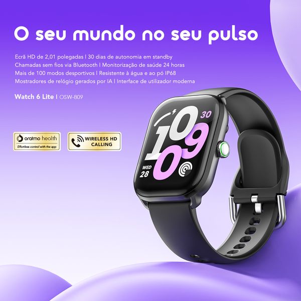 Watch 6 Lite Relógio inteligente de 2,01 polegadas com interface de utilizador moderna.