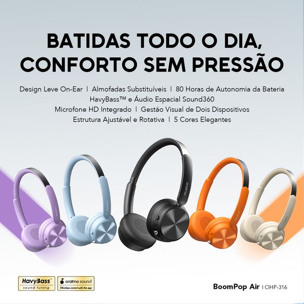 BoomPop Air Auscultadores sem fios leves, supra-auriculares.