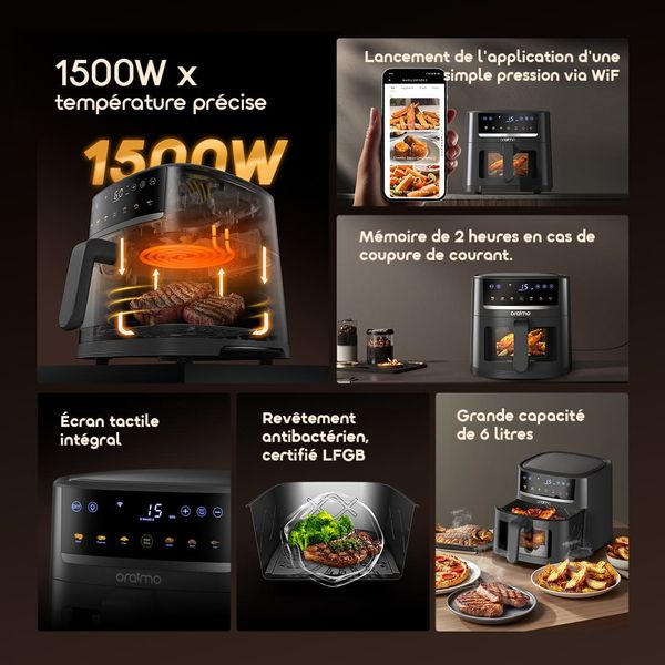 NutriFry S1 Ultra Friteuse à air chaud 1500 W, 6 L, avec écran tactile et contrôle via application