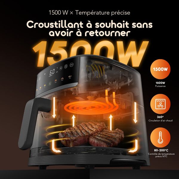 NutriFry S1 Ultra Friteuse à air chaud 1500 W, 6 L, avec écran tactile et contrôle via application