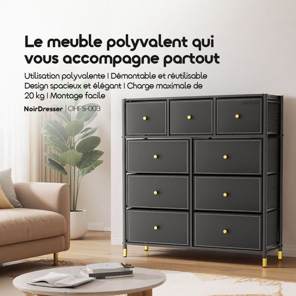 NoirDresser Commode de Rangement 9 Tiroirs Grande Capacité – Cadre en Acier